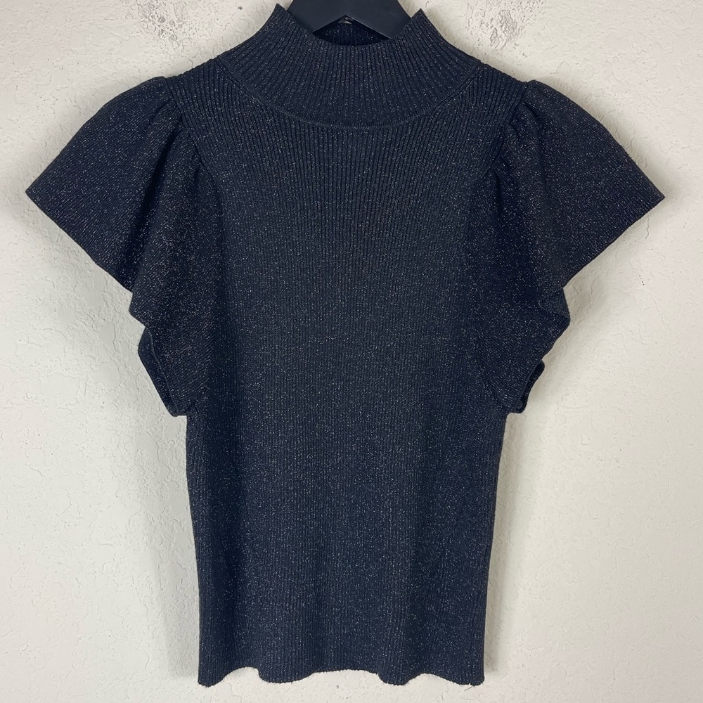 Anthropologie Maeve Glitter Flutter Muscle Sleeve Sweater in Black Size Small - Picture 5 of 10